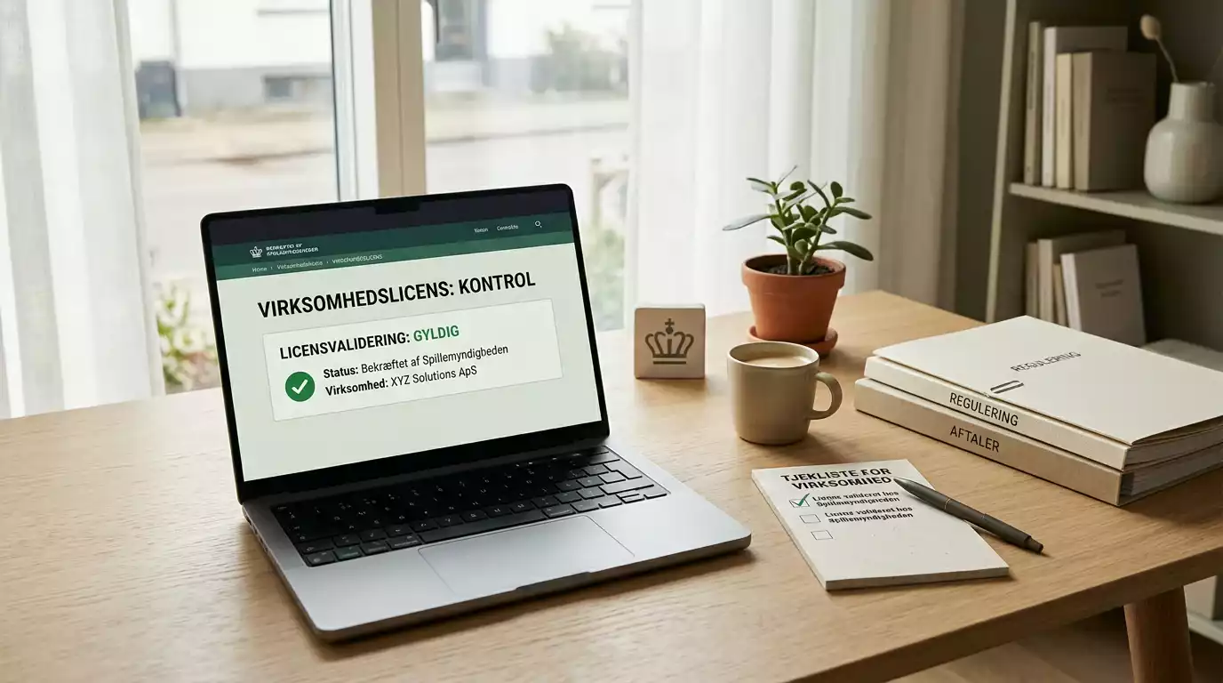 Roligt skrivebord med dansk licensoverblik og sikre kontrolpunkter